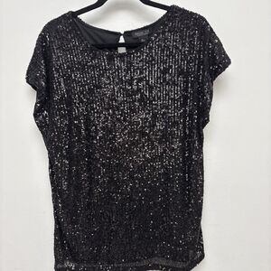 Rachel Zoe Blouse, Black Sequin, Capped Short Sleeves, Women’s Size Large‎